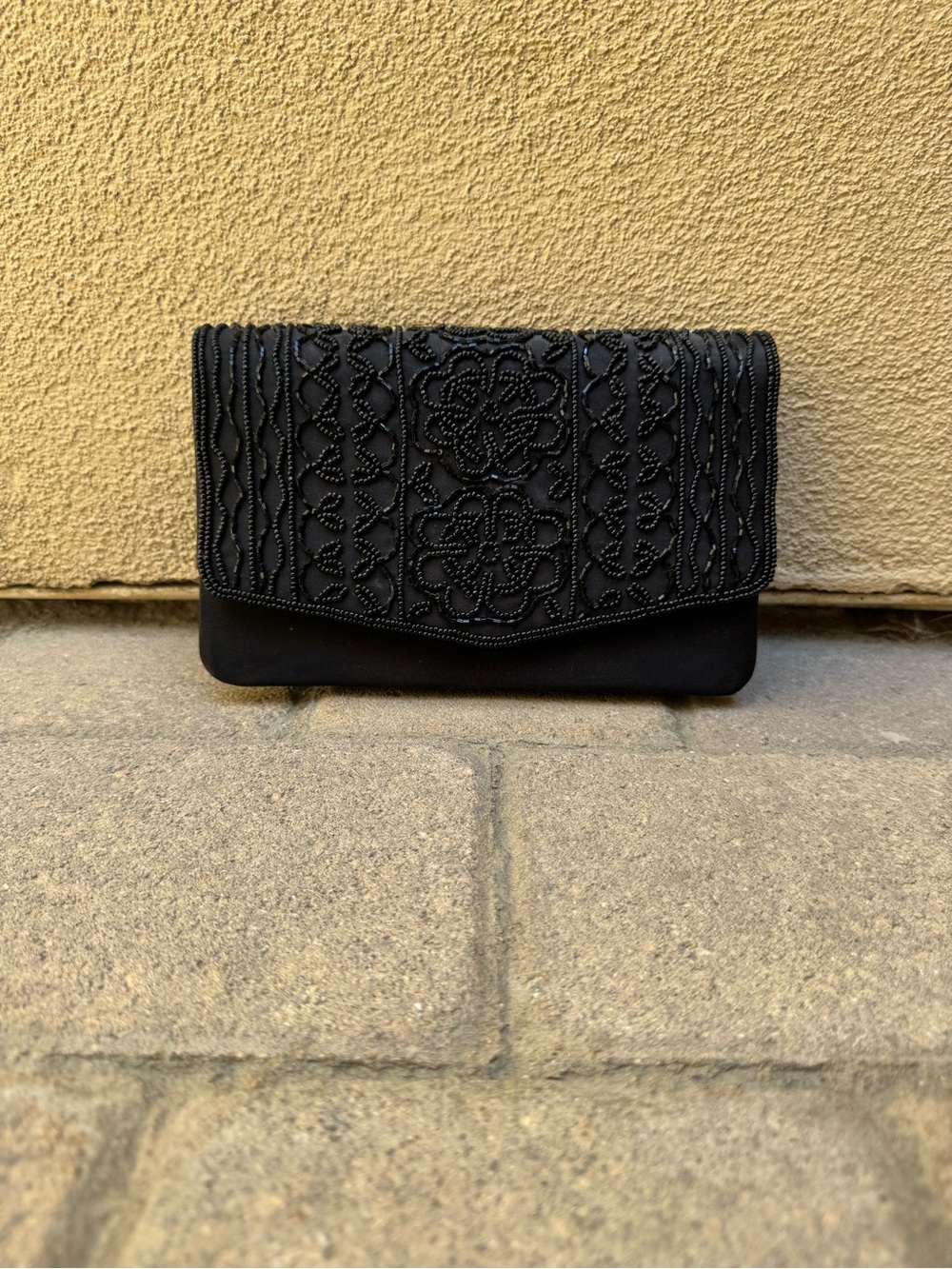 Caroline Barton Black Beaded Floral Clutch
